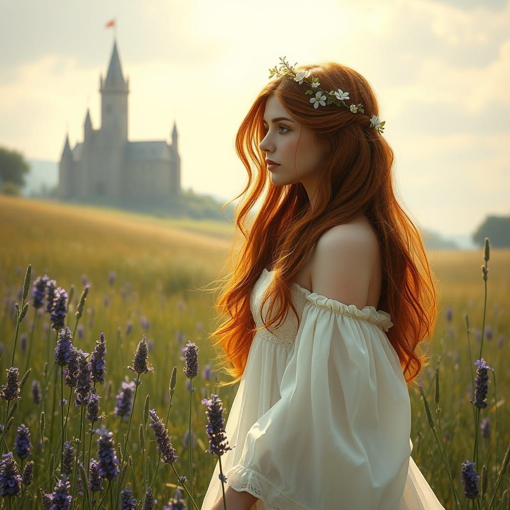 Ethereal Princess in Meadow: Pre-Raphaelite Style
