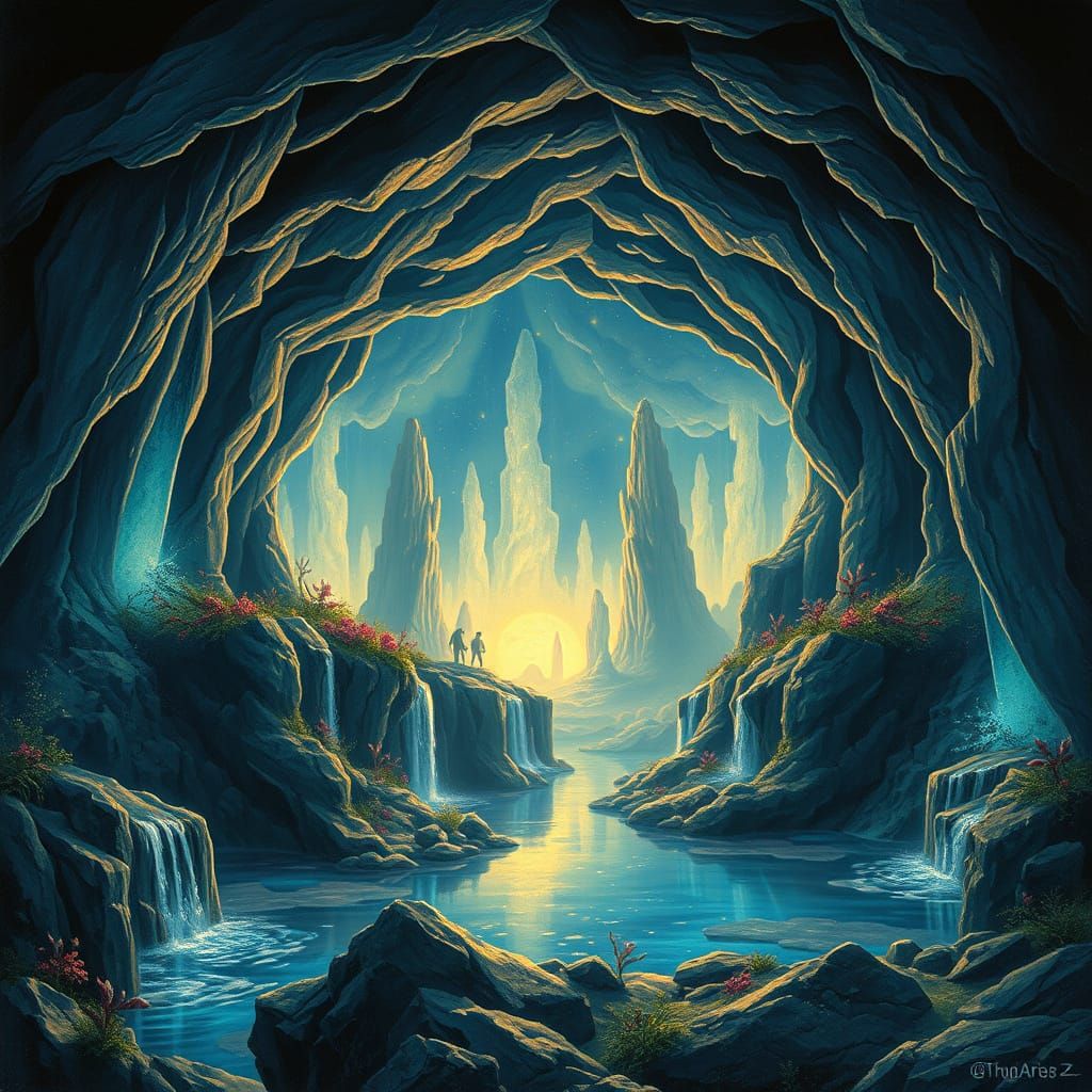 Cosmic Bioluminescent Cavern in Surrealist Style