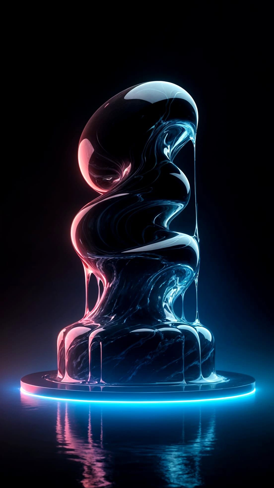 Surreal Obsidian Statue in Neon Blue Water