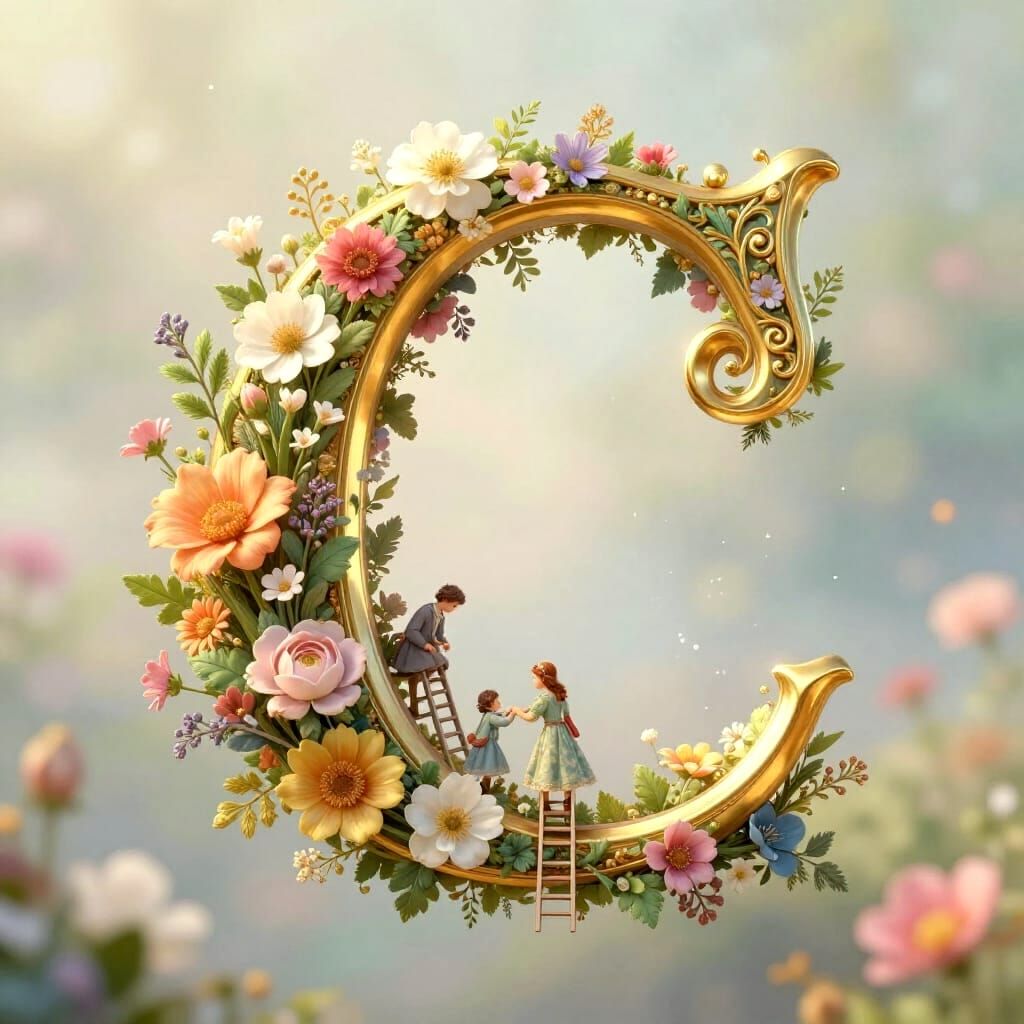 Giant Floral Letter C with Tiny Caretakers