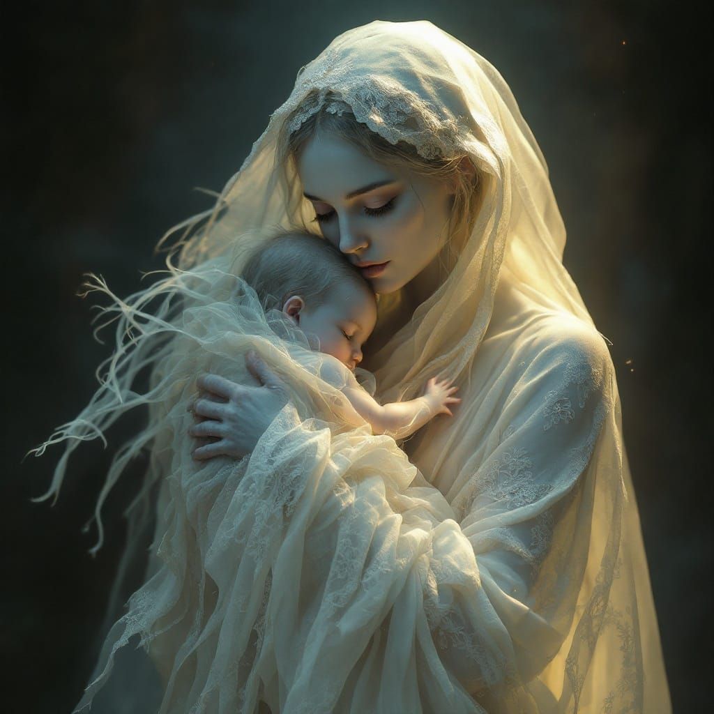 Ethereal Ghostly Figure in Warm Golden Light, Holding a Soft...