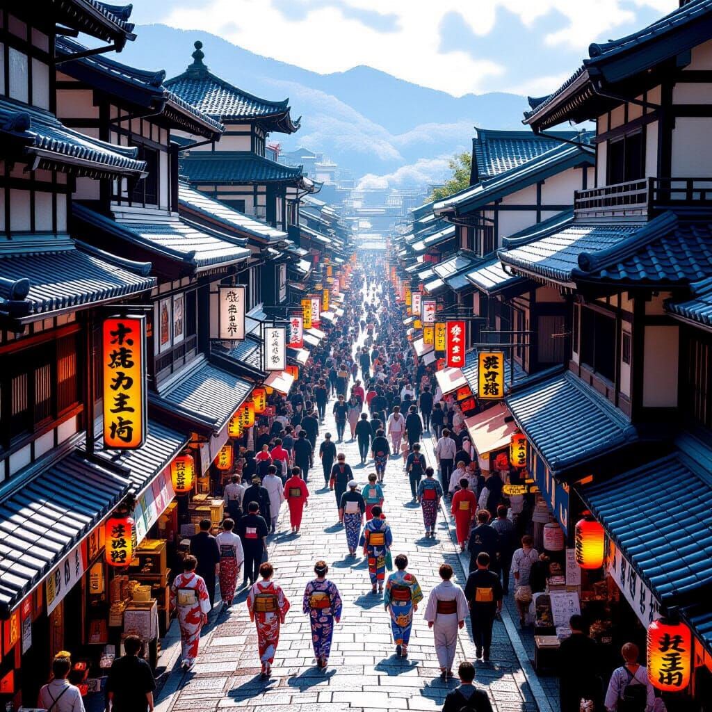 Vibrant Japanese Festival Street Scene From Above, Hyperreal...