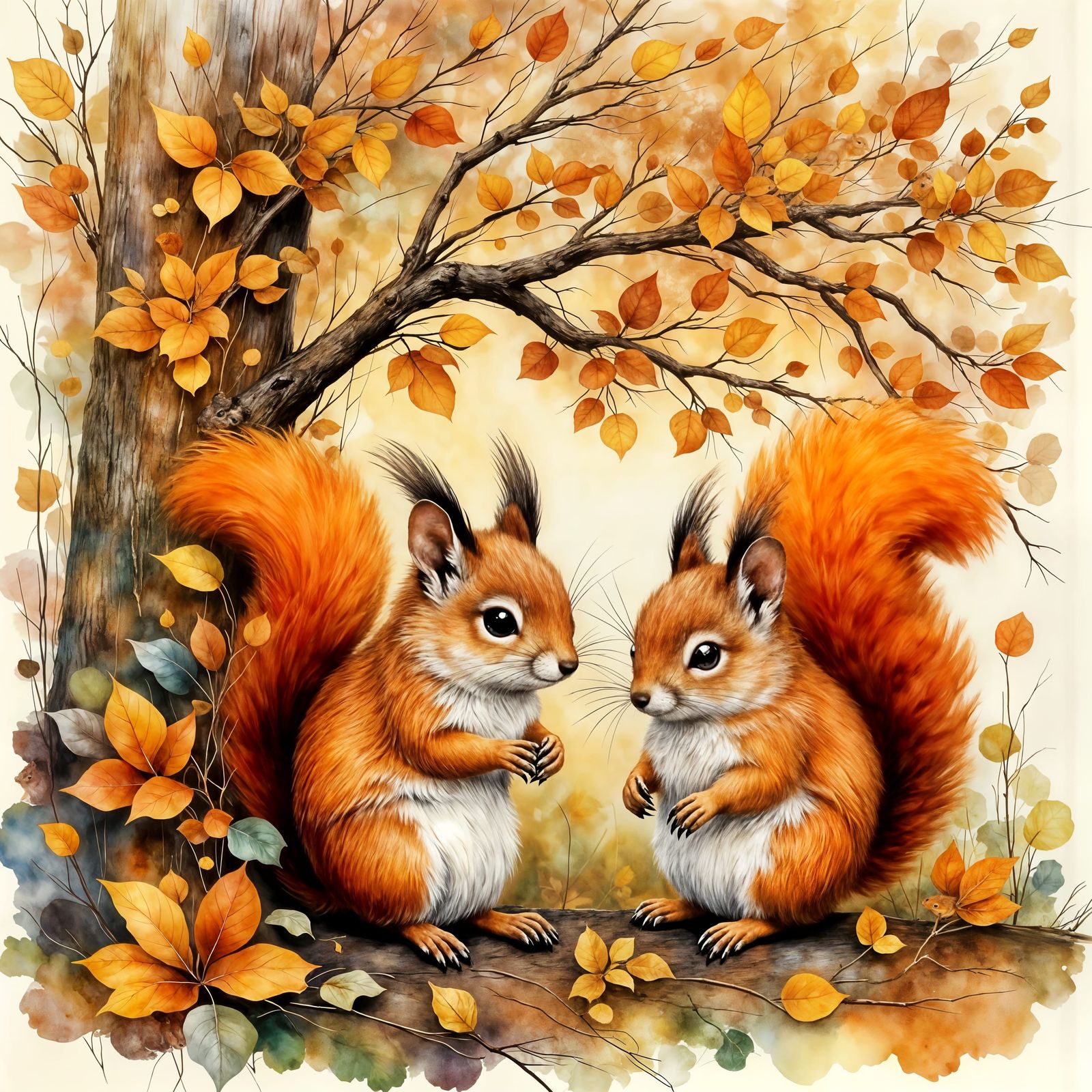 Realistic Squirrels in Oak Tree with Autumn Leaves