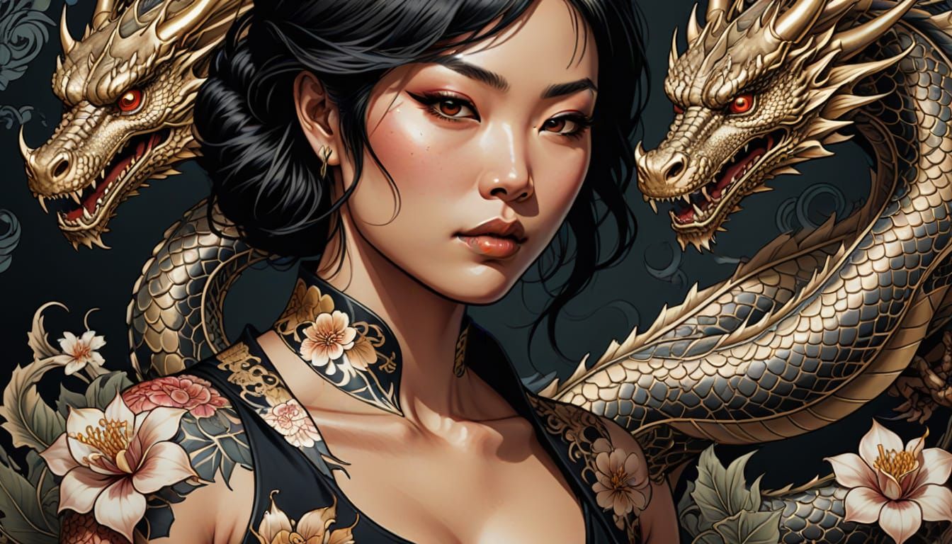 Japanese Woman with Dragon Tattoo in Comic Book Style