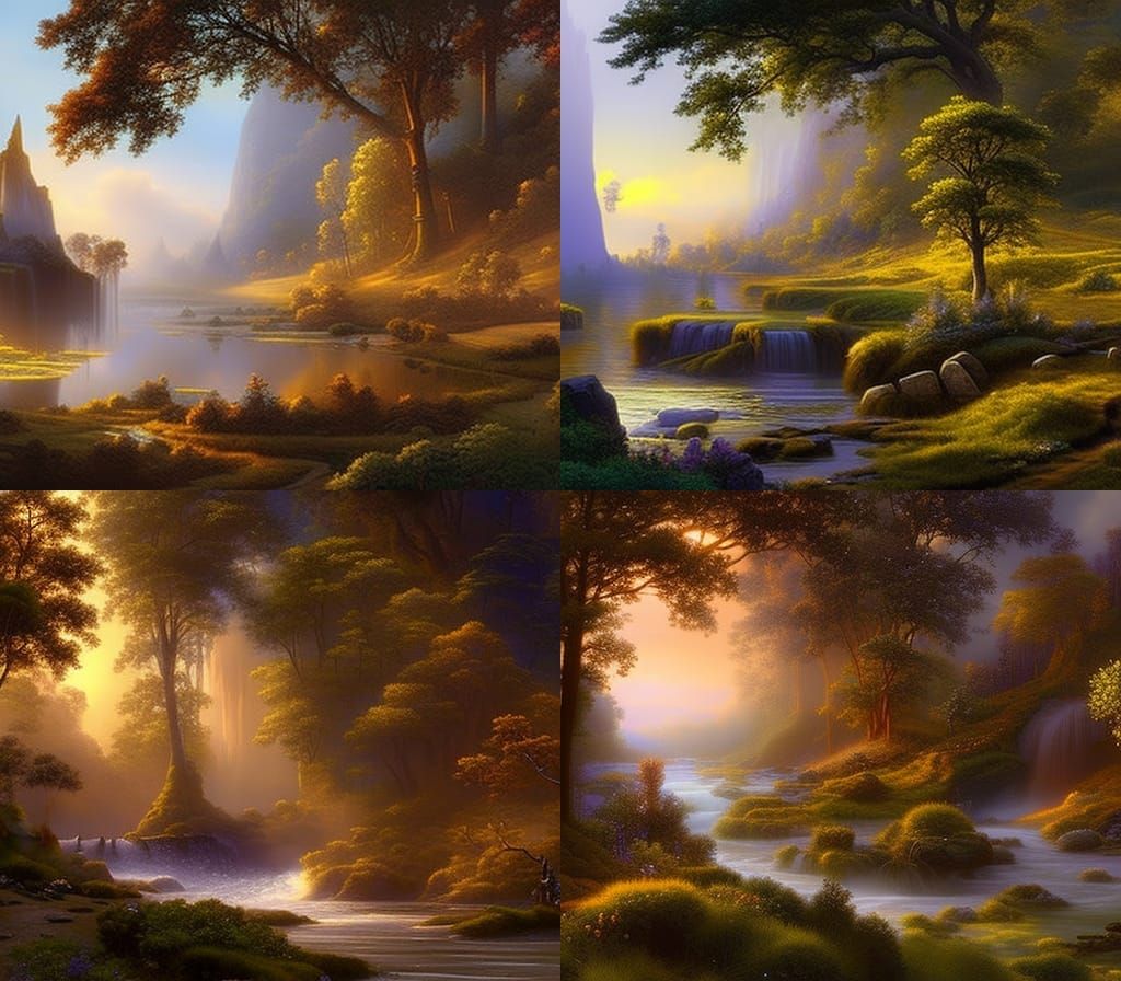 Beautiful landscape from a fairy tale with a water cascade ethereal fantasy hyperdetailed mist Thomas Kinkade