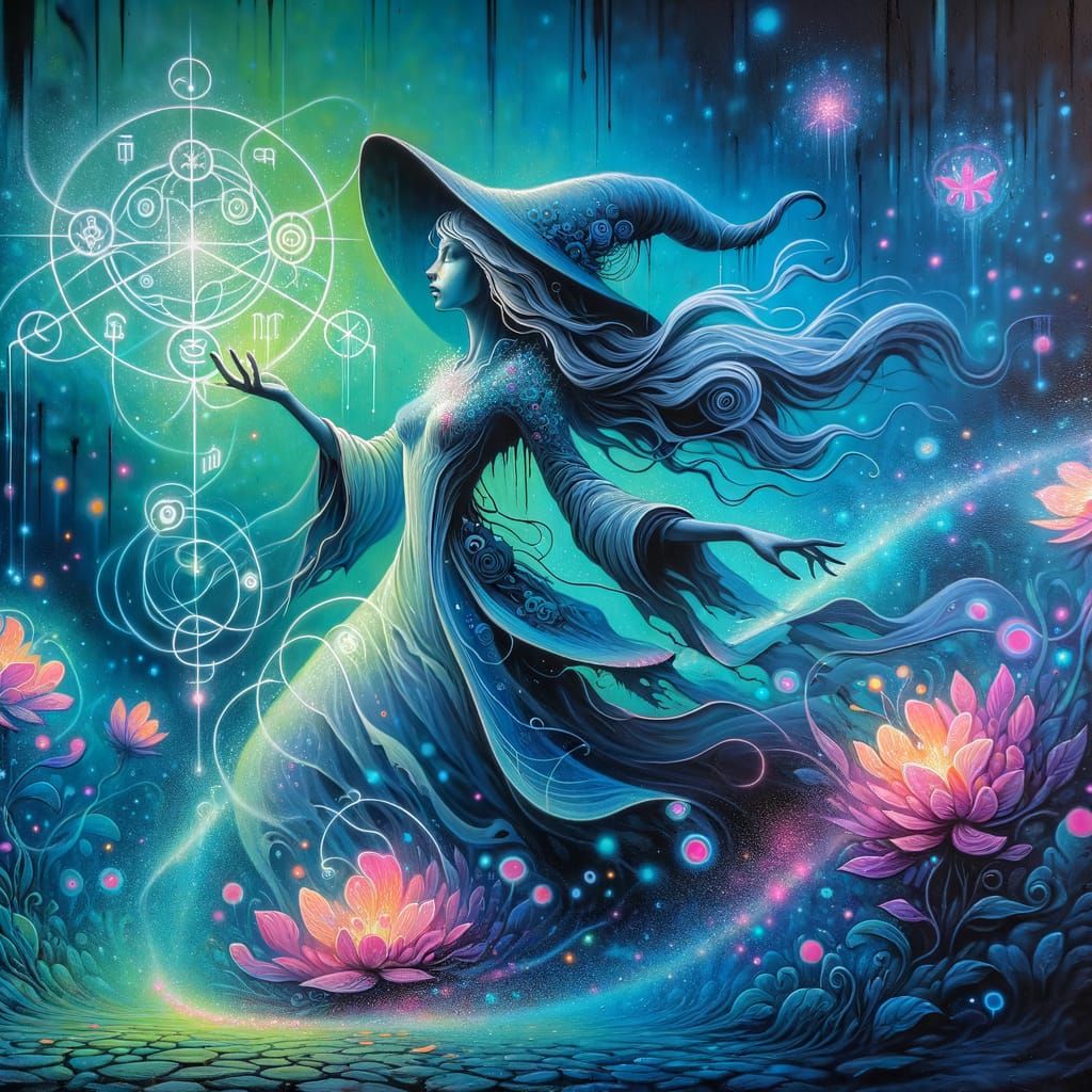 Ethereal Witch Summons Glyphs in Dreamy Landscape