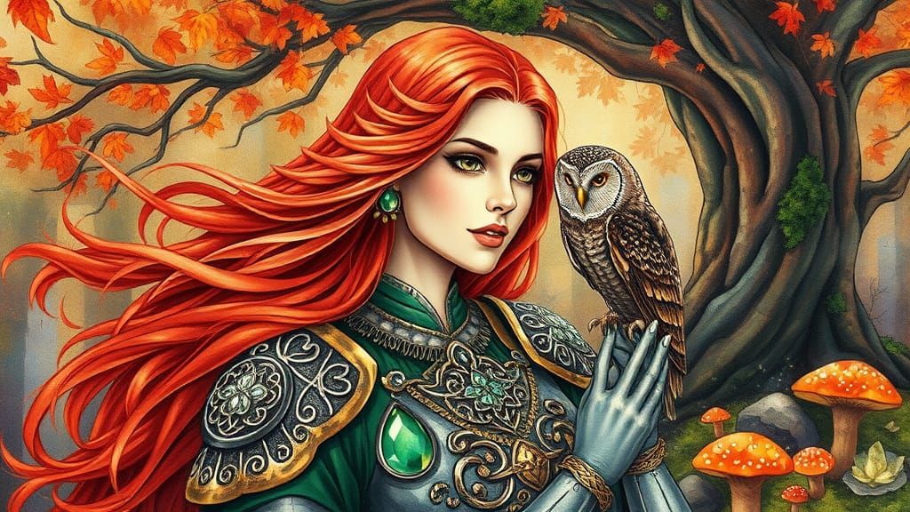 Celtic Forest Guardian in Watercolor with Owl