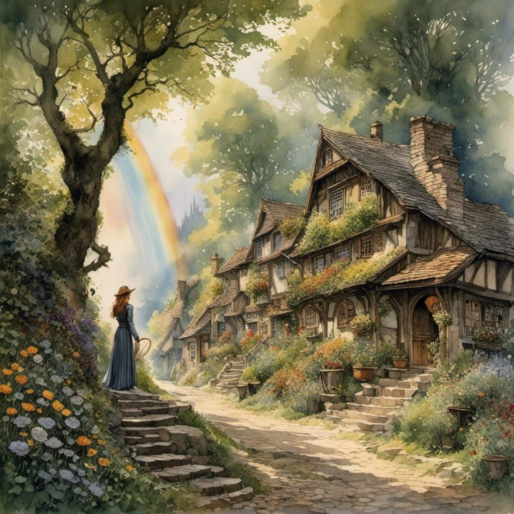 Enchanting Witch and Rainbow Street Scene