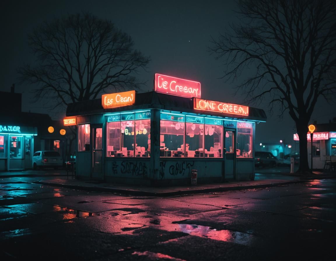 Neon Ice Cream Shop in Misty Night