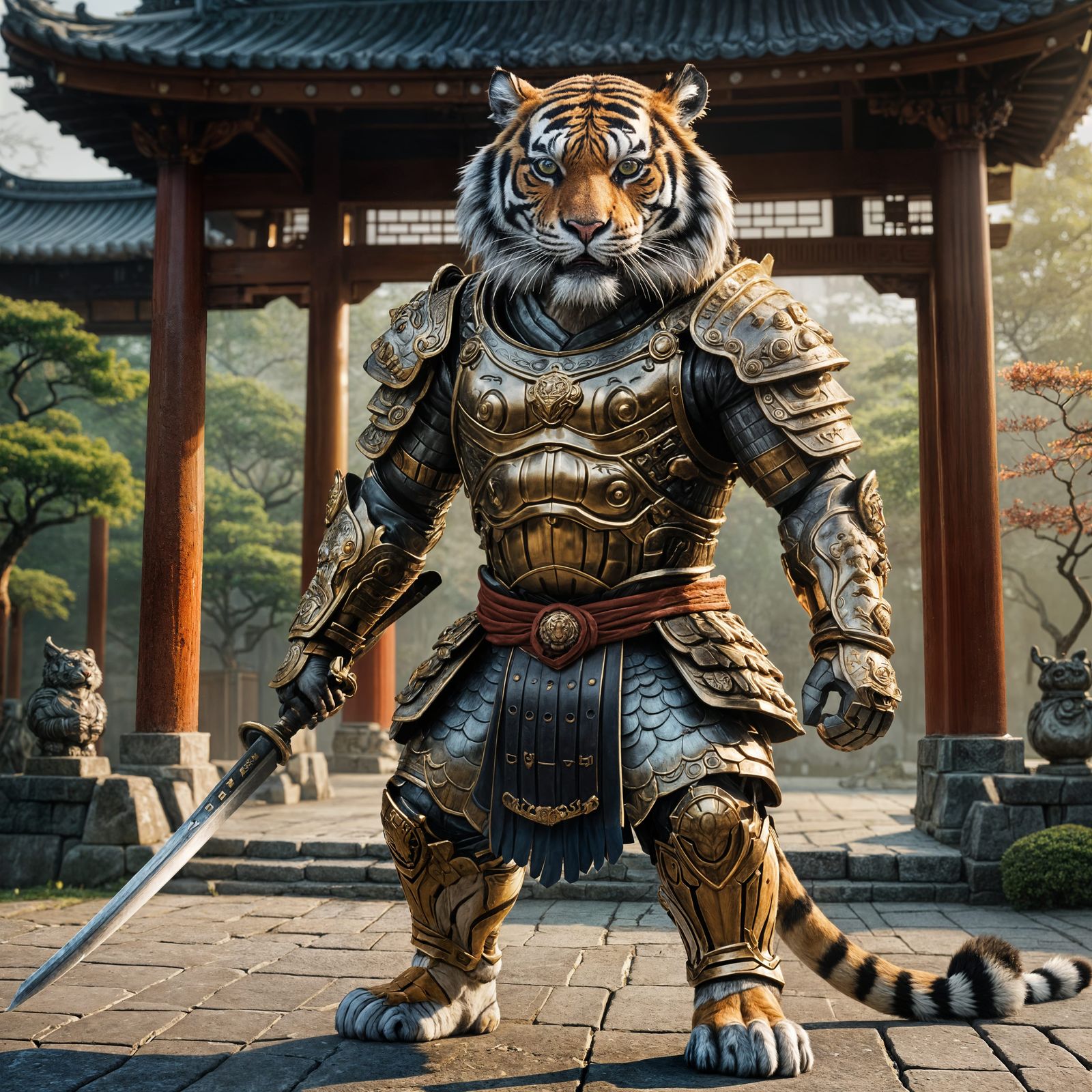 Tiger Warrior in Japanese Palace, 3D Rendered