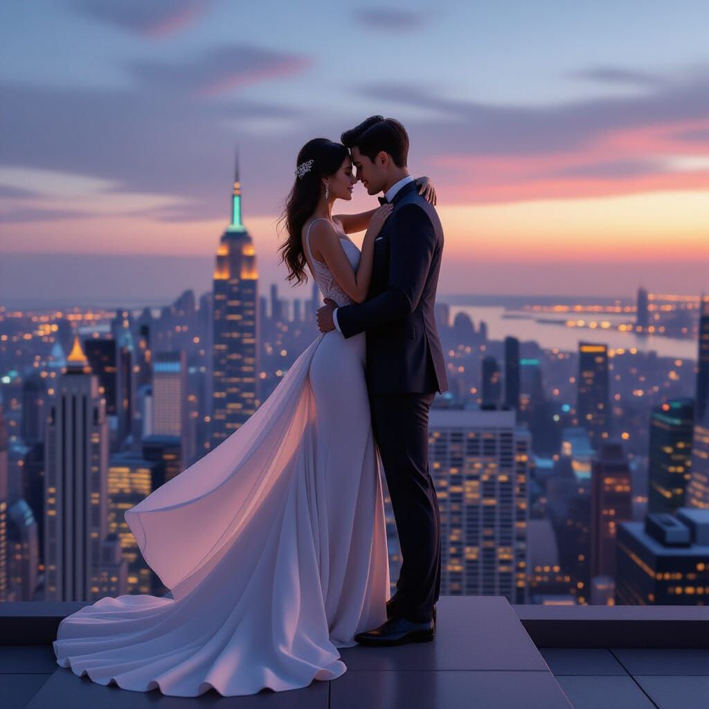 Romantic Couple Embracing Over Cityscape at Dusk