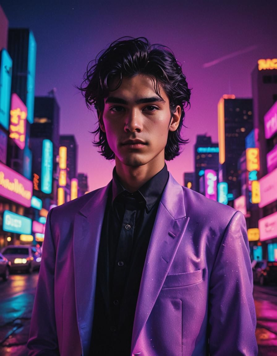 Synthwave Portrait: Neon Cityscape, 80s Aesthetic