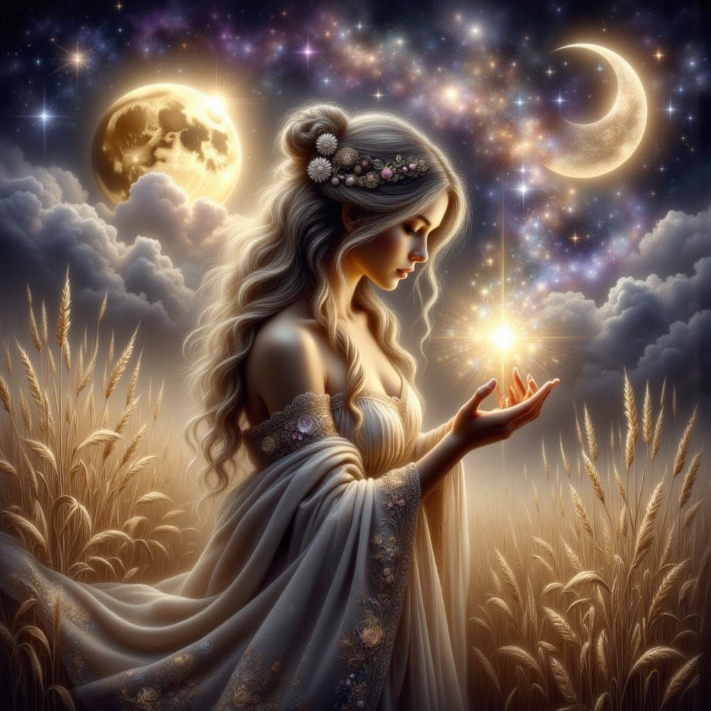 Mystical Woman Holds Glowing Orb in Moonlit Night