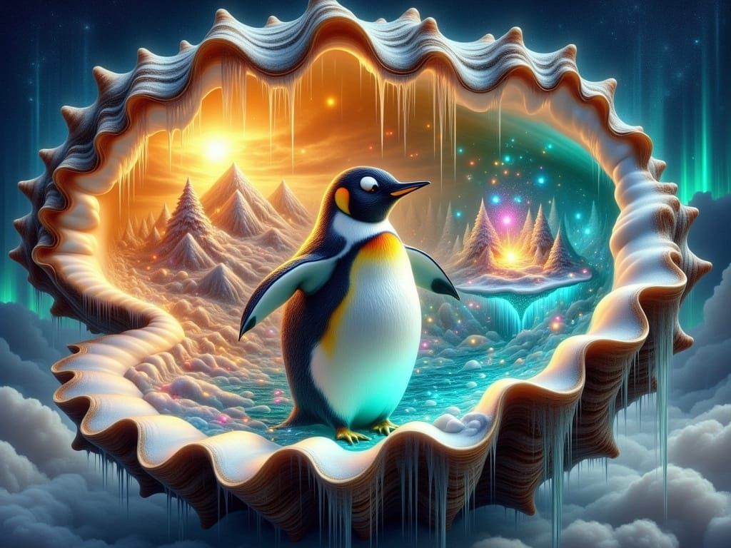 Fantasy Seashell Kingdom with Ice Skating Penguin