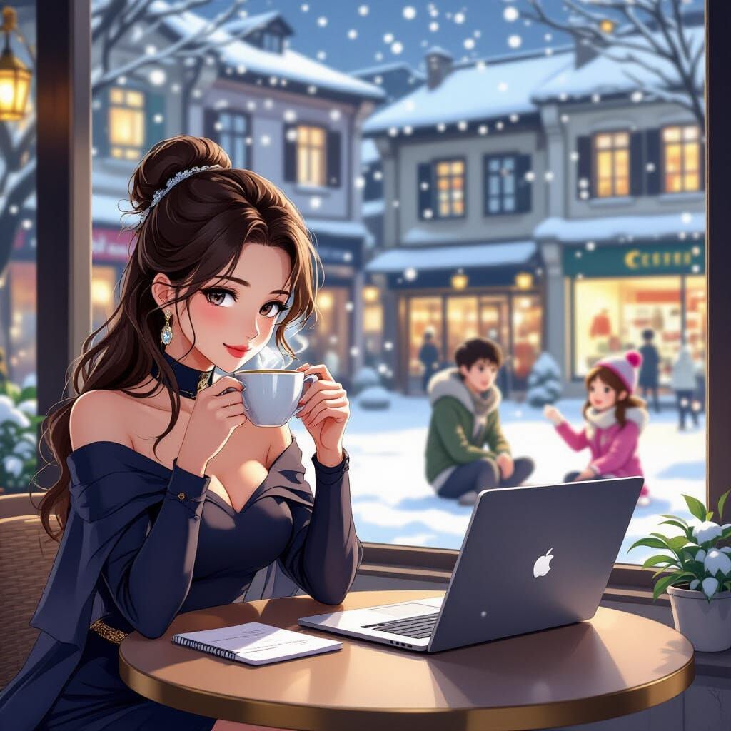 Elegant Woman Enjoys Coffee in Anime Cafe Scene