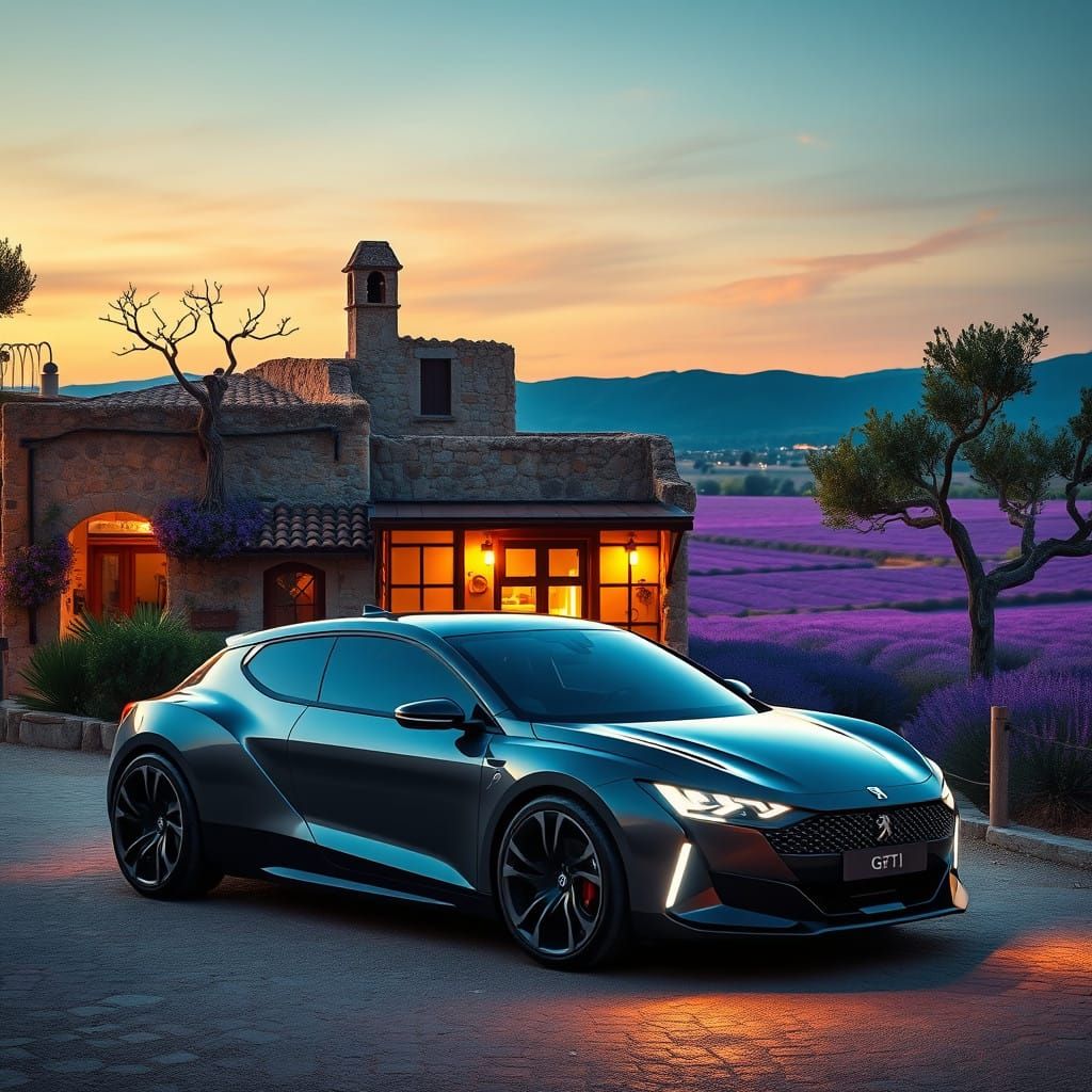 Sleek 205 GTI Concept Car Amidst Provencal Sunset Landscape