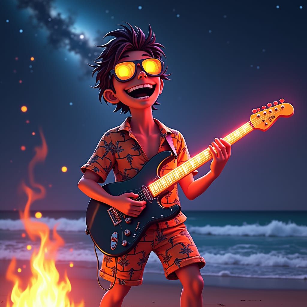 Martian Guitarist on Beach with Bonfire, Futuristic Illustra...