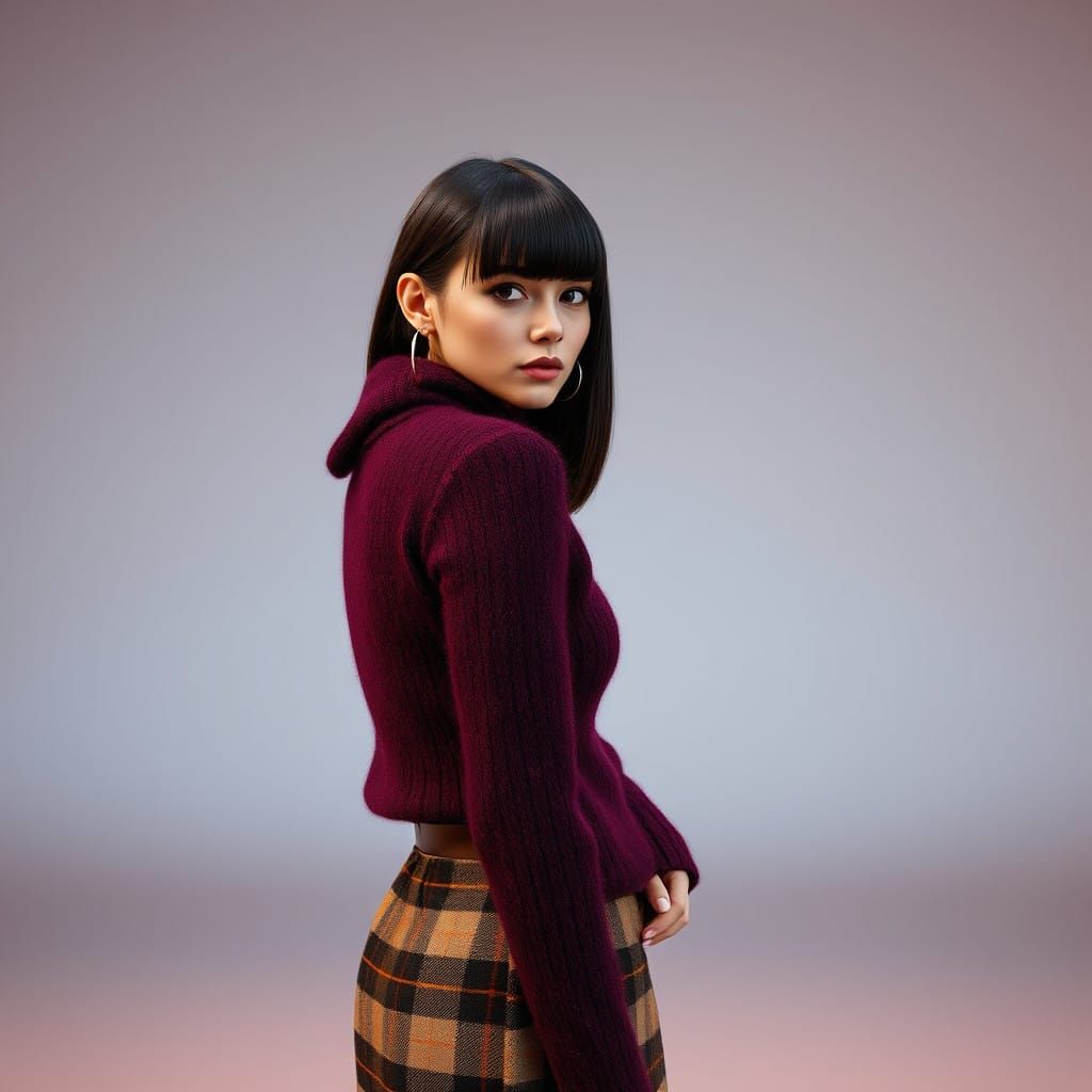 Ultra-Feminine Brunette in Berry Wine Mohair Sweater and Pla...