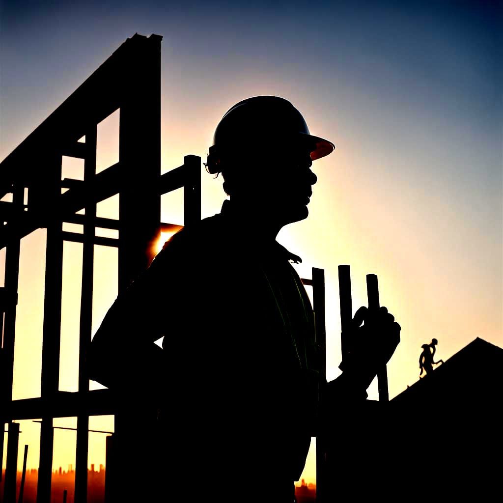 A completely dark silhouette image of a construction worker ...