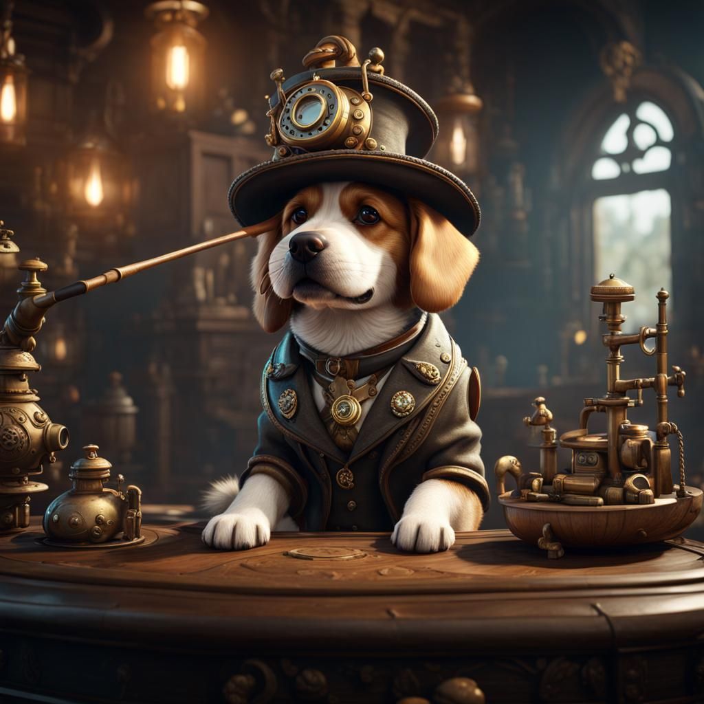 Steampunk Dog Smoking Pipe on Mushroom, 3D Render