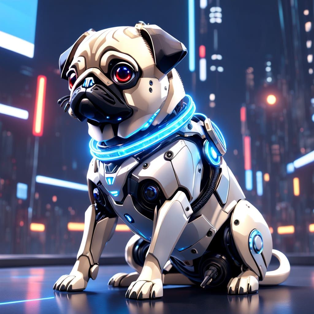 Cute Robot Pug in Polished Chrome and Neon