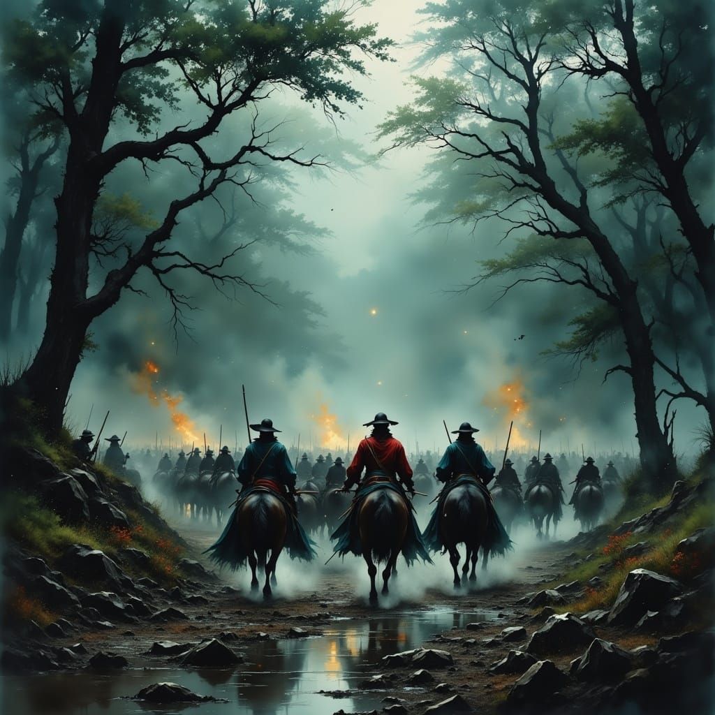 French and Indian War Battle: Rainy Watercolor Forest