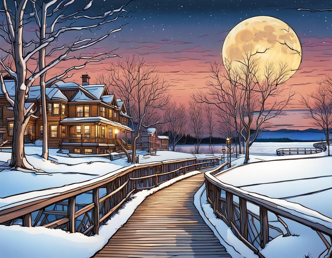 Winter Night Over Lake Champlain: Detailed Illustration