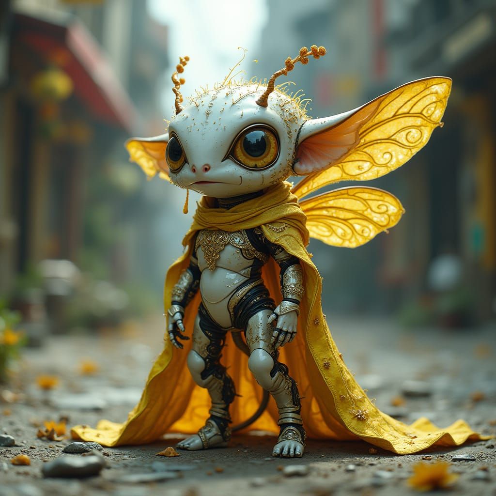 head and shoulder face portrait of a snow, white filigree extraterrestrial cyborg gremlin wearing cowboy hat ornate Yell...