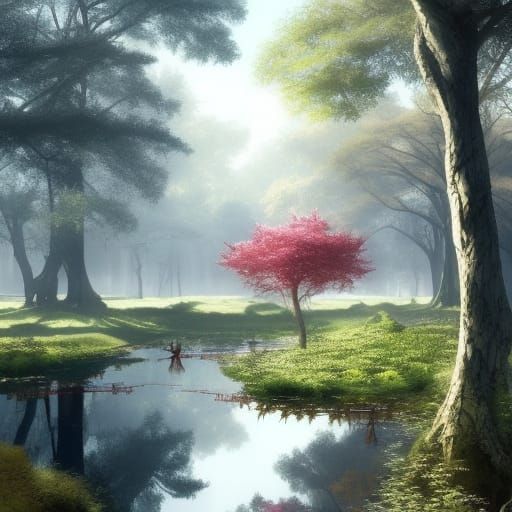 High Gothic Cherry Trees by Lush Pond