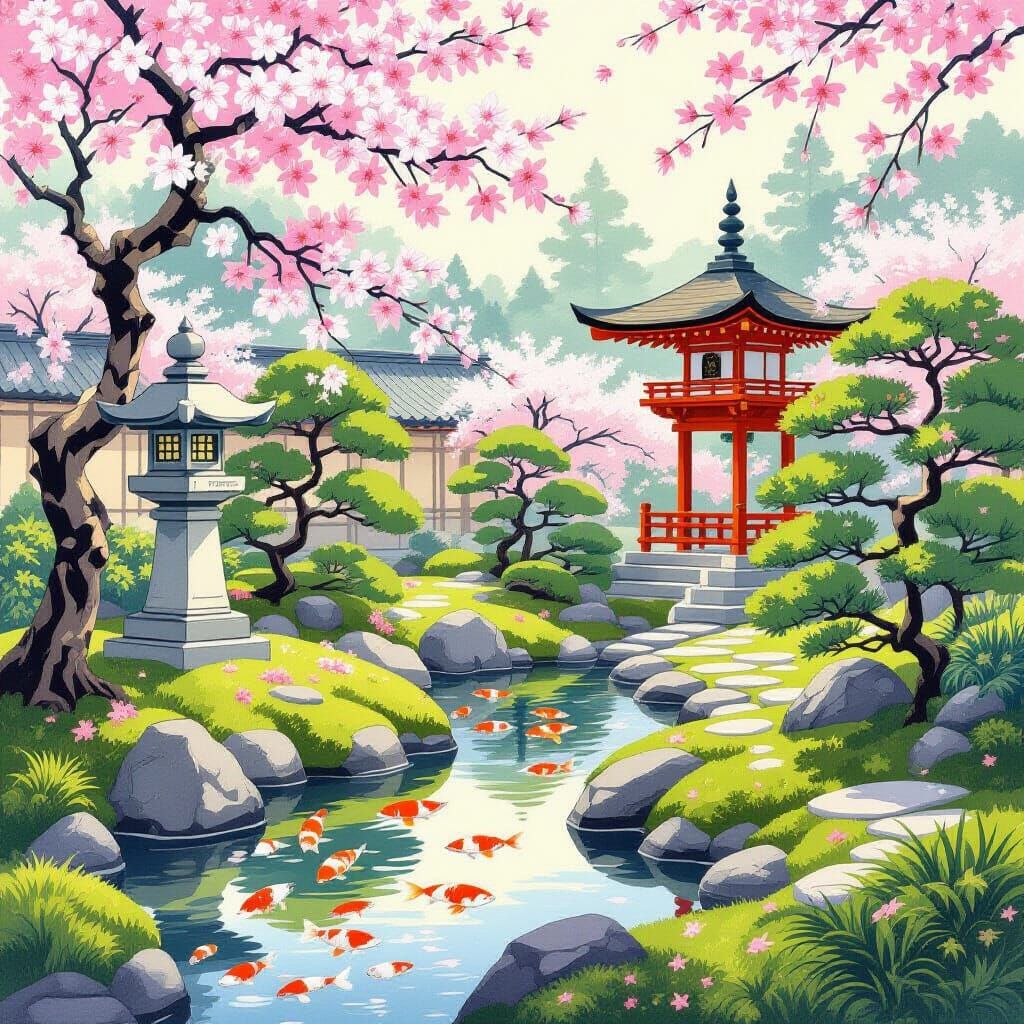 Serene Japanese Garden in Ukiyo-e Style