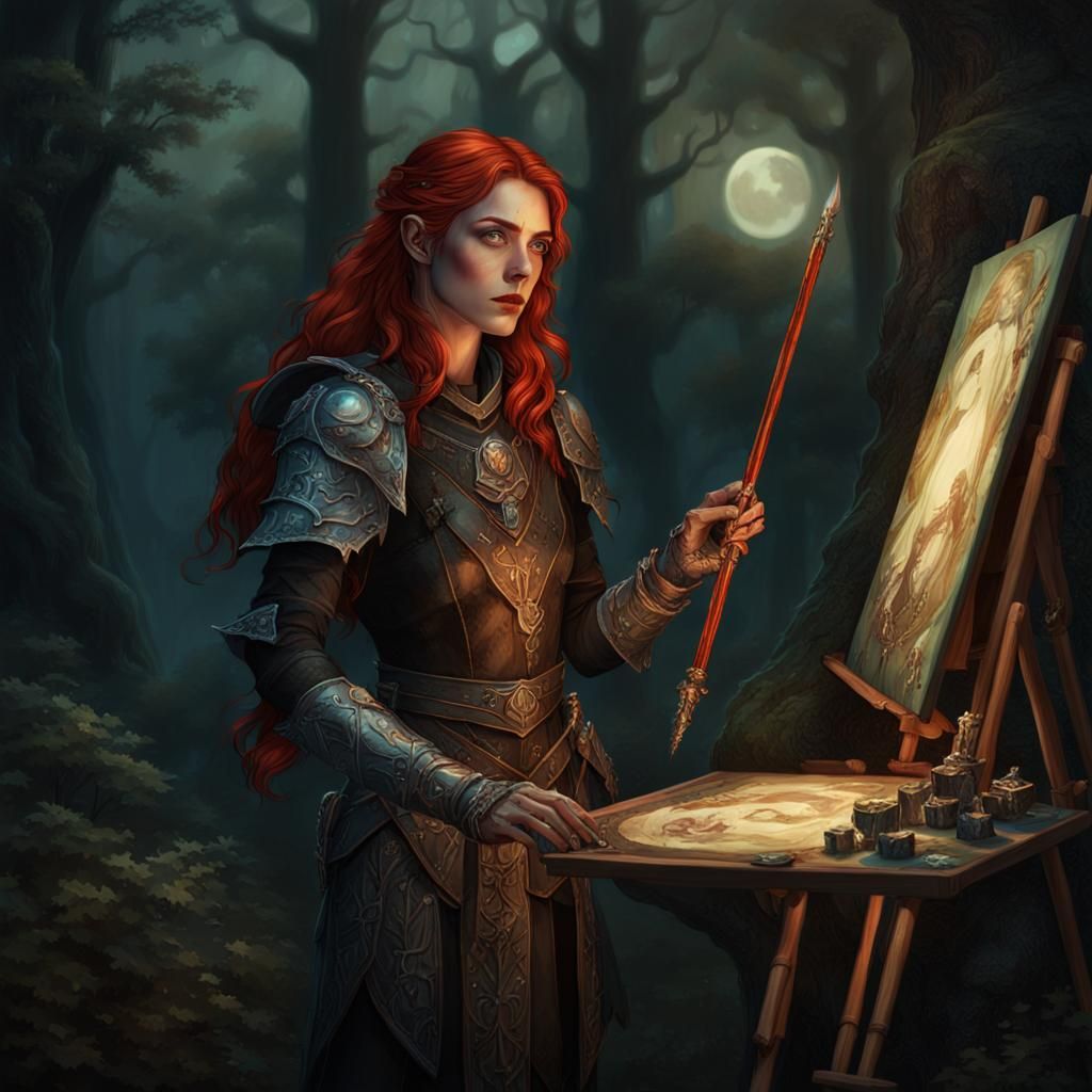 Half-Elf Warlock Painting in Moonlit Forest