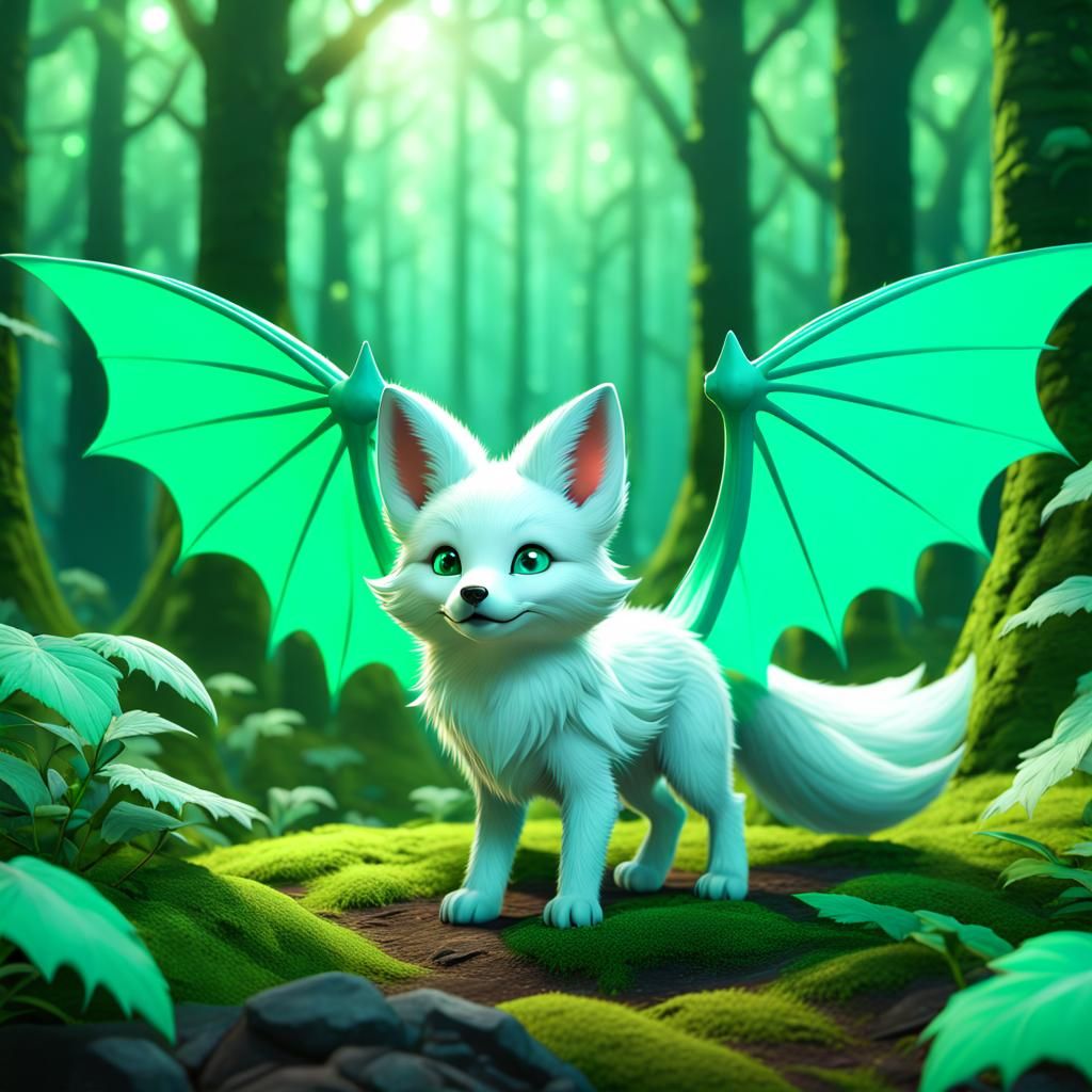 Fox with Bat Wings in a Bright Forest