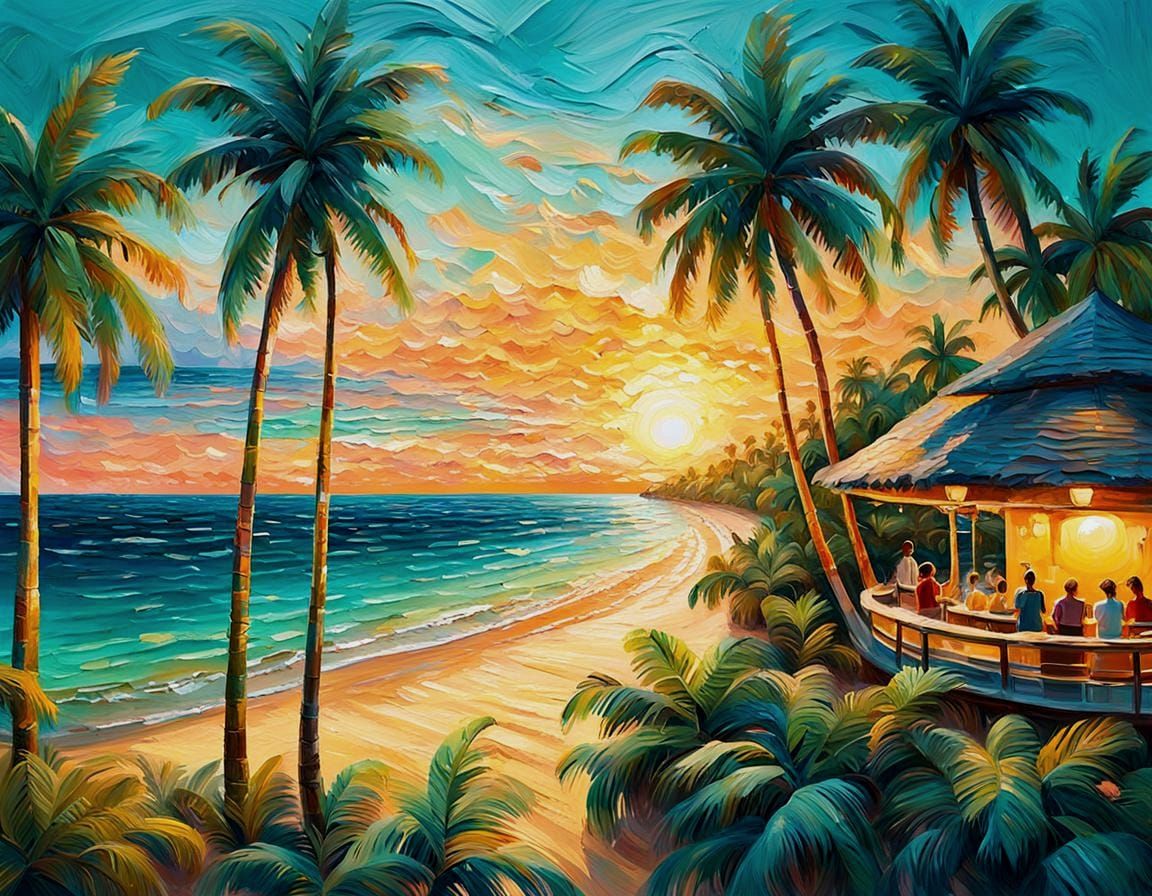 Tropical Beach Sunset in Expressionist Style