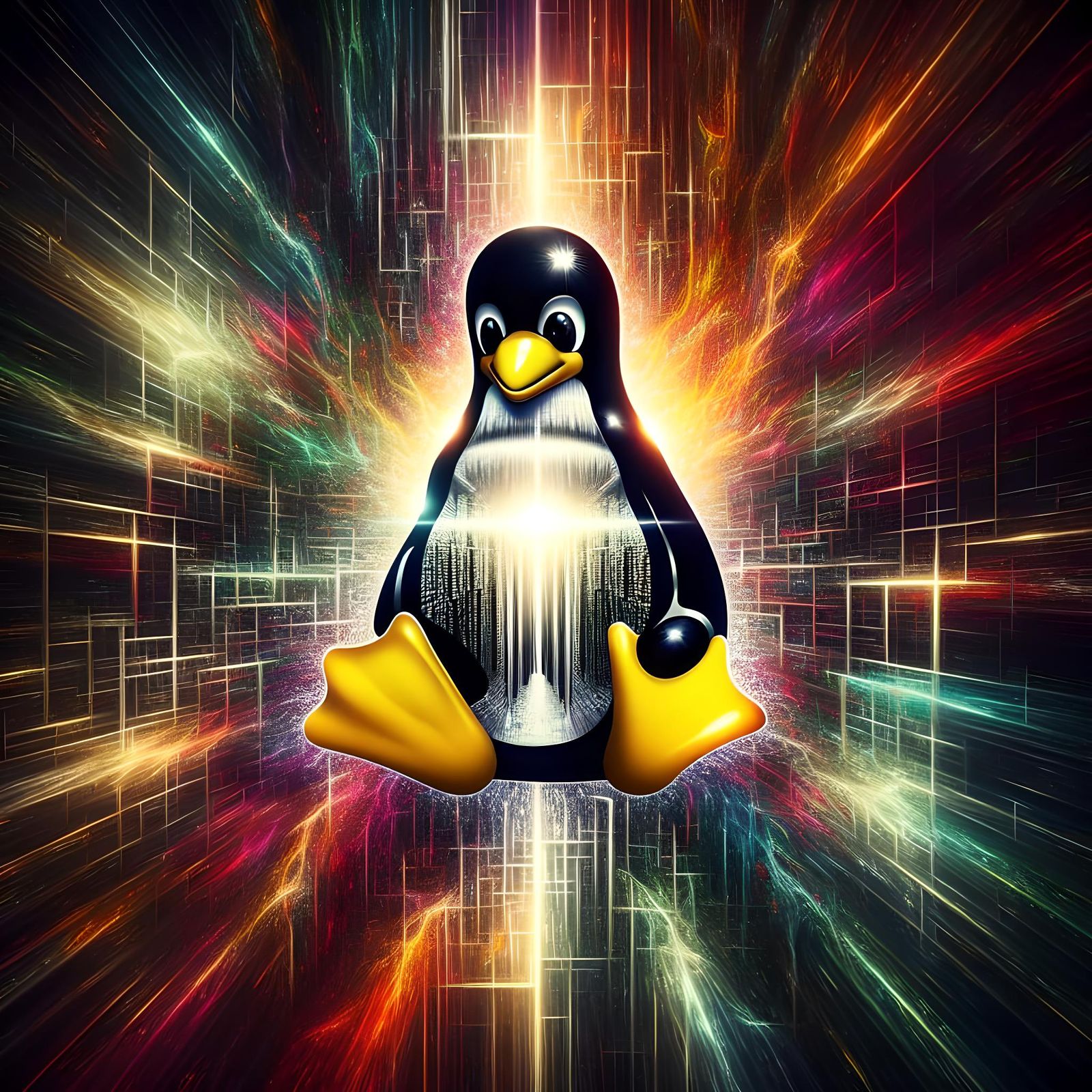 Linux Penguin Hacking a Digital Matrix in Hyperrealism