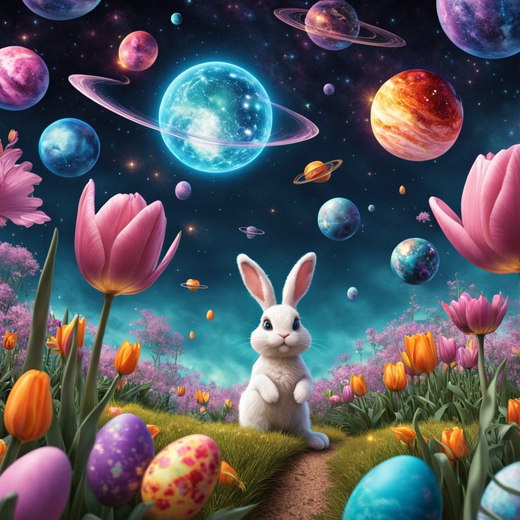 Cosmic Easter Bunny soars through the Cosmos on a Vibrant Tu...