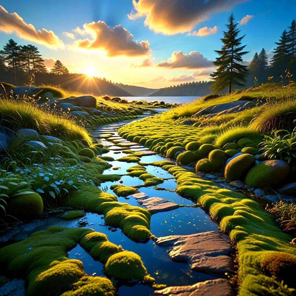 Surreal Landscape with Glowing Pathway and Ethereal Skies