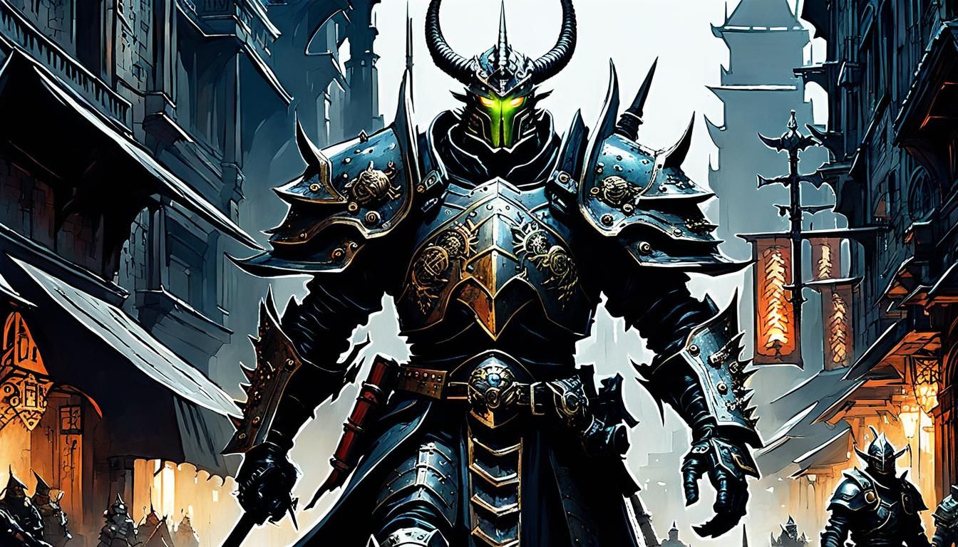 Armored Lizardman Knight in Grimdark Cityscape