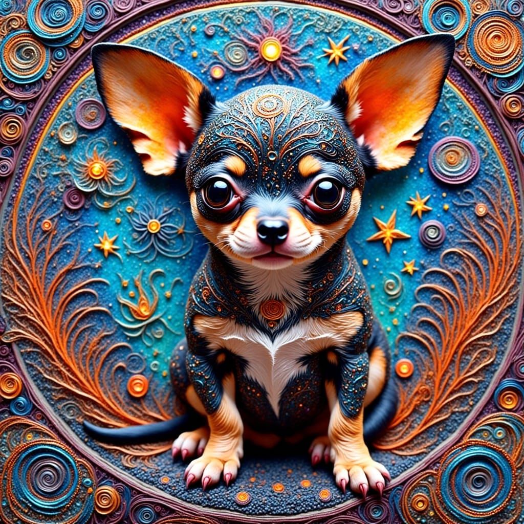Raku-Style Chihuahua with Glowing Neon Symbols