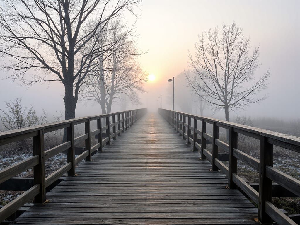Foggy Morning Wooden Bridge Scene in Impressive Scale
