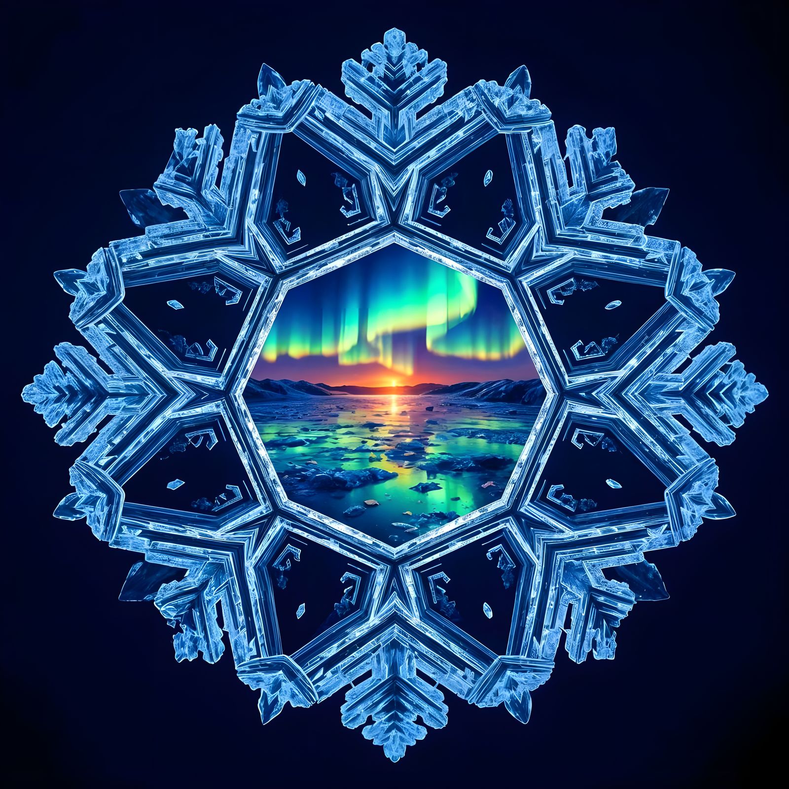 Aurora Borealis Inside Intricate Snowflake: Fantasy Illustra...