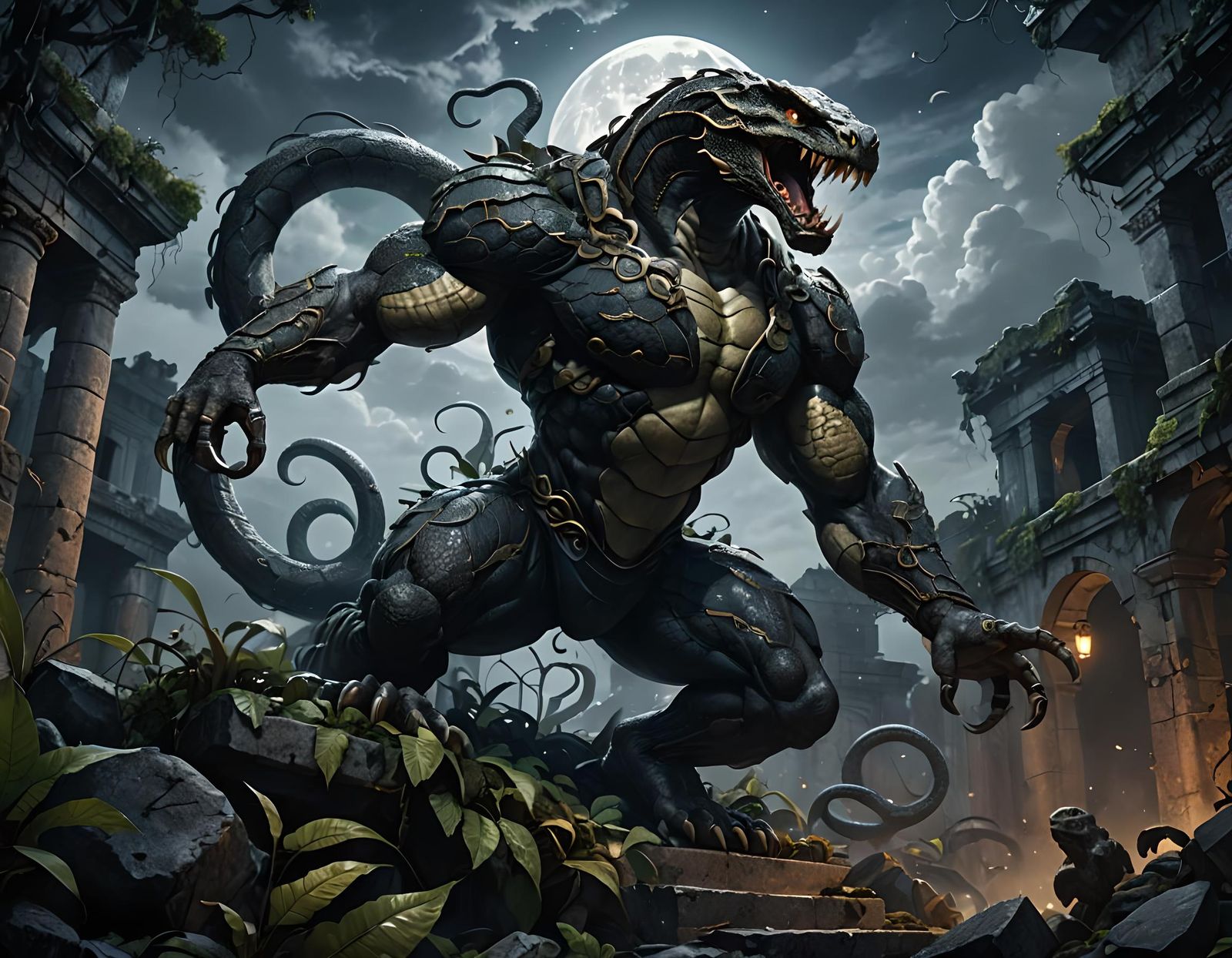 Muscular Humanoid Snake Creature in Dynamic Lighting