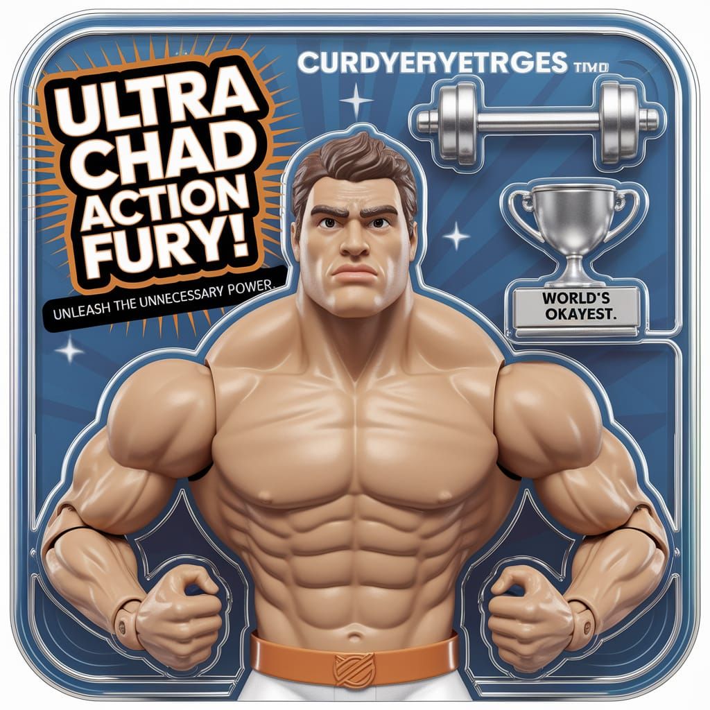 Exaggerated Action Figure in Metallic Packaging with Trophy