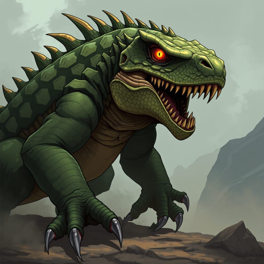 Cyberpunk Fantasy Lizard Beast in Epic Battle