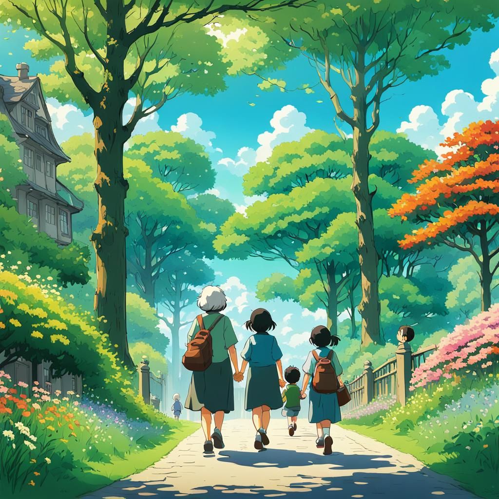 Grandmother and Grandchildren in Ghibli Style Park