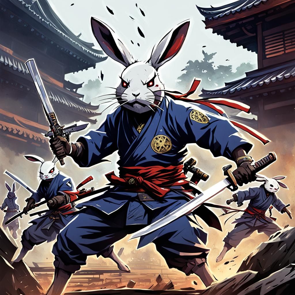 Zombie Samurai vs Ninja Rabbit Demons in Anime Style