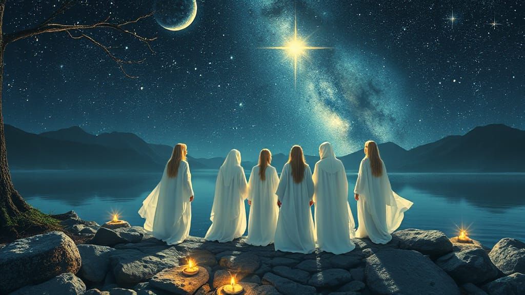 Elves Awaken by Starry Lake Shores in Art Nouveau Fantasy St...