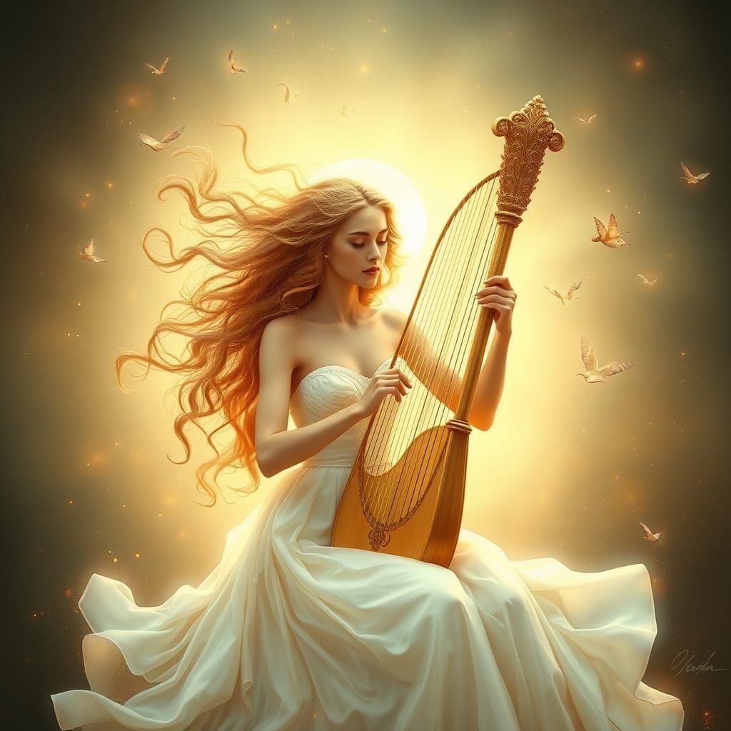 Serene Woman Plays Harp in Dreamlike Setting