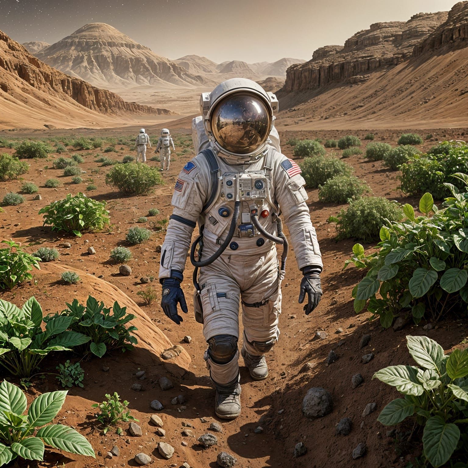 Astronaut Tends Lush Martian Garden in Realistic Style