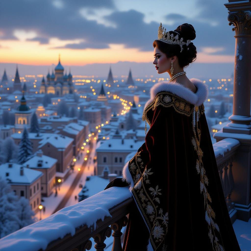 Regal Tsarina Overlooks Snowy City at Dawn in Dark Fantasy S...