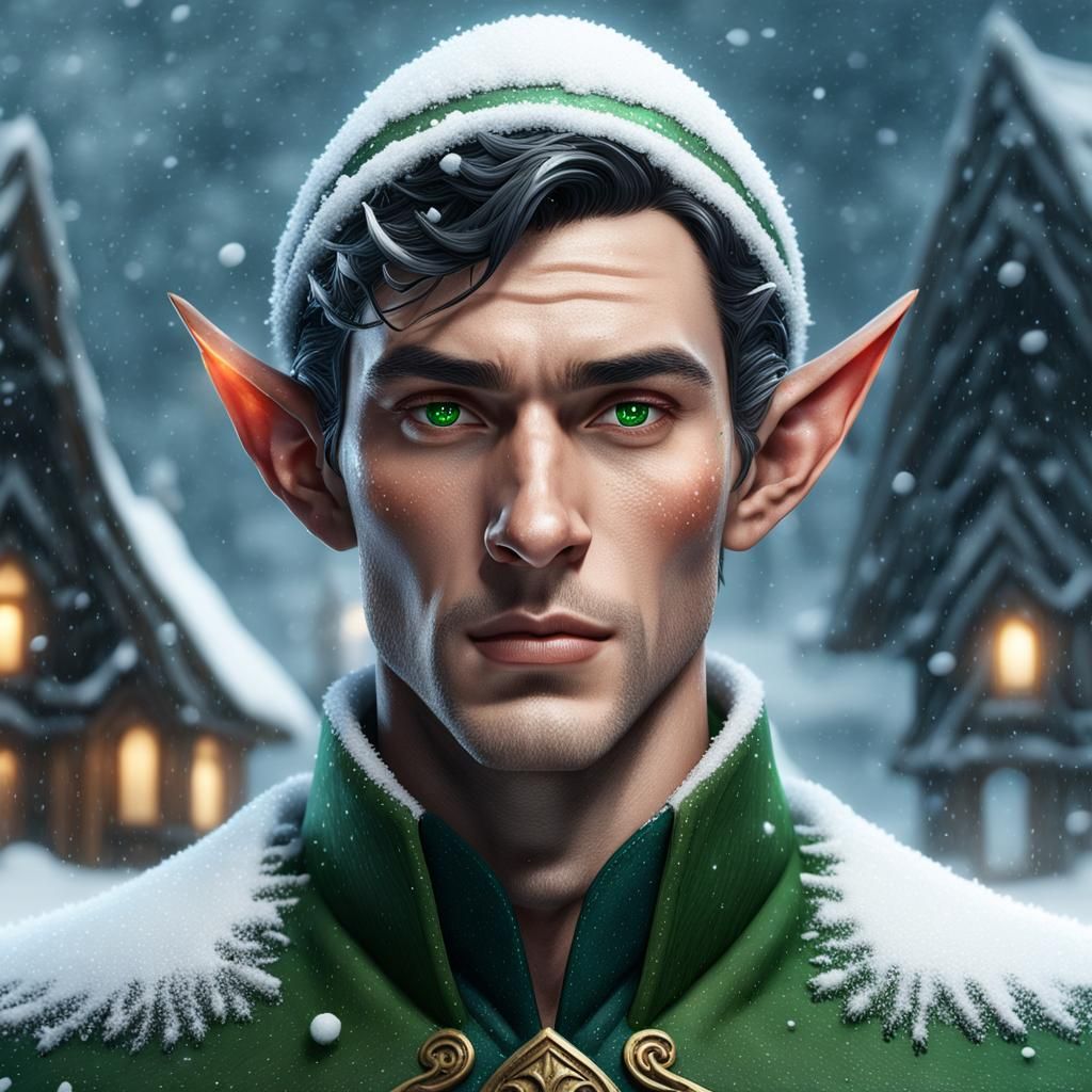 Christmas Elf in Snowy North Pole Scene